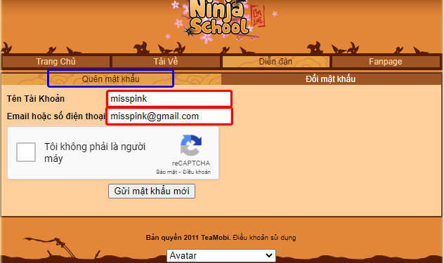 Ninja School đã hỗ trợ lấy lại mật khẩu qua email đăng ký